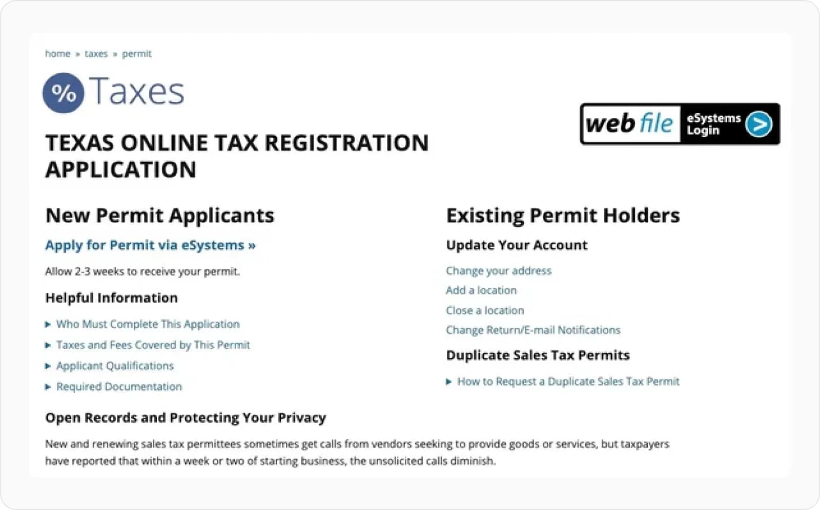 Texas online tax registration application