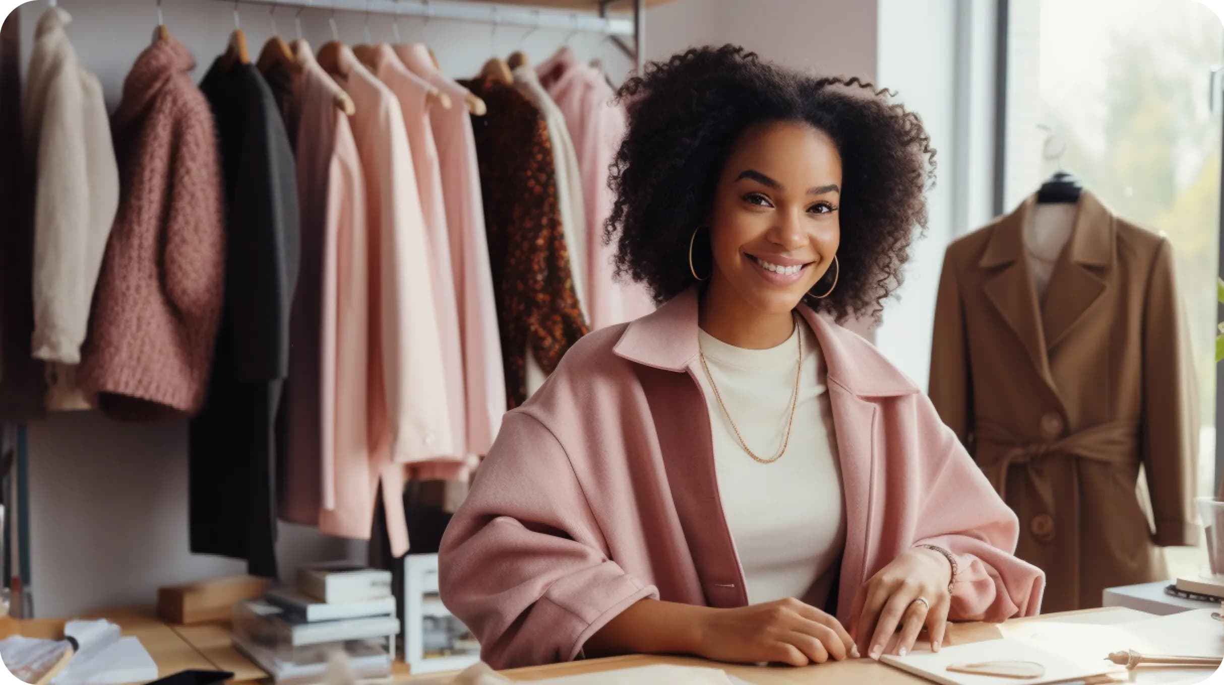 Smiling woman with an afro hair, sitting in her clothes shop