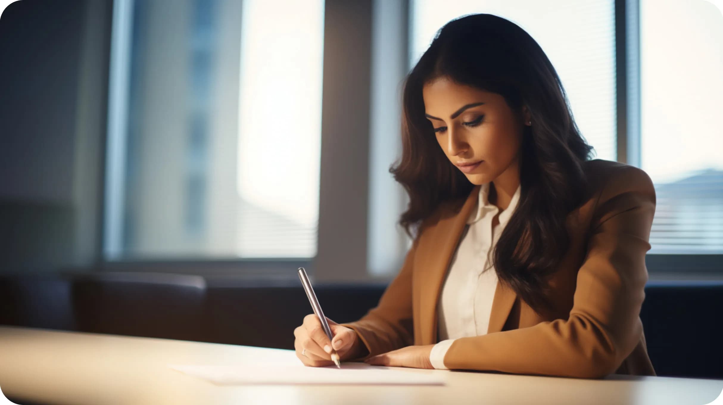 Woman in a office with windows, holding a pen in a hand filing some papers.