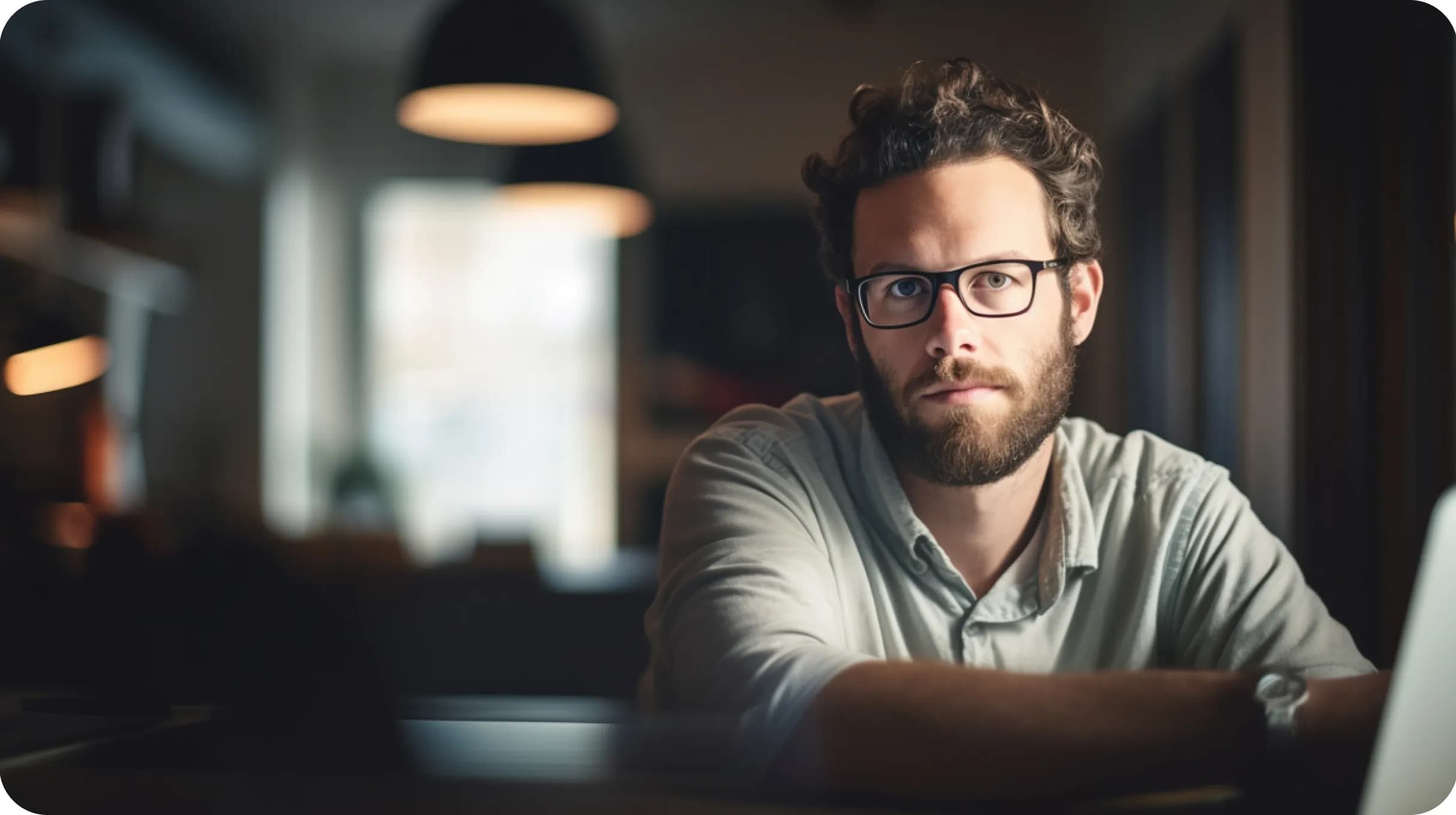 Man sitting in a small room, looking at the camera while working on a laptop