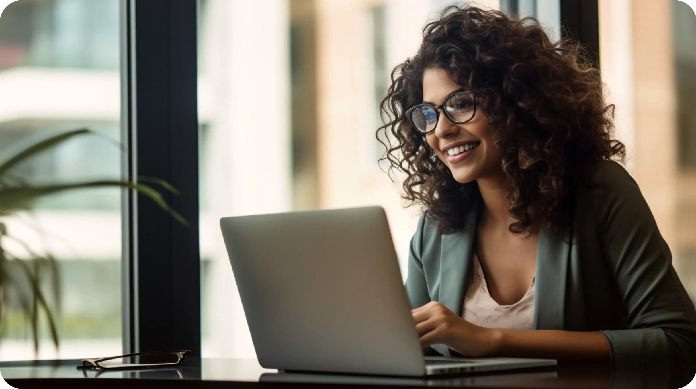 Smiling woman in a sky-scraper office, working on a laptop 