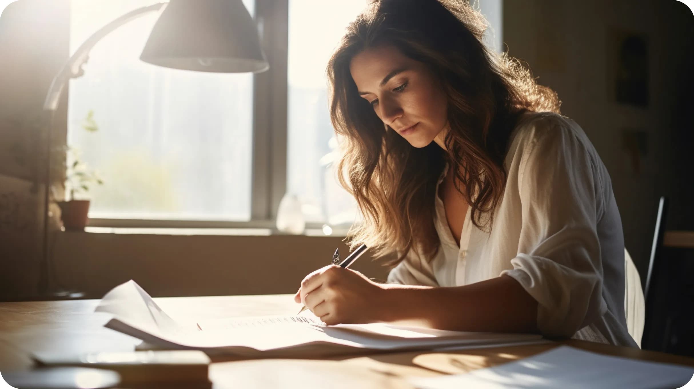 Woman filing company papers on a desk with window in a background