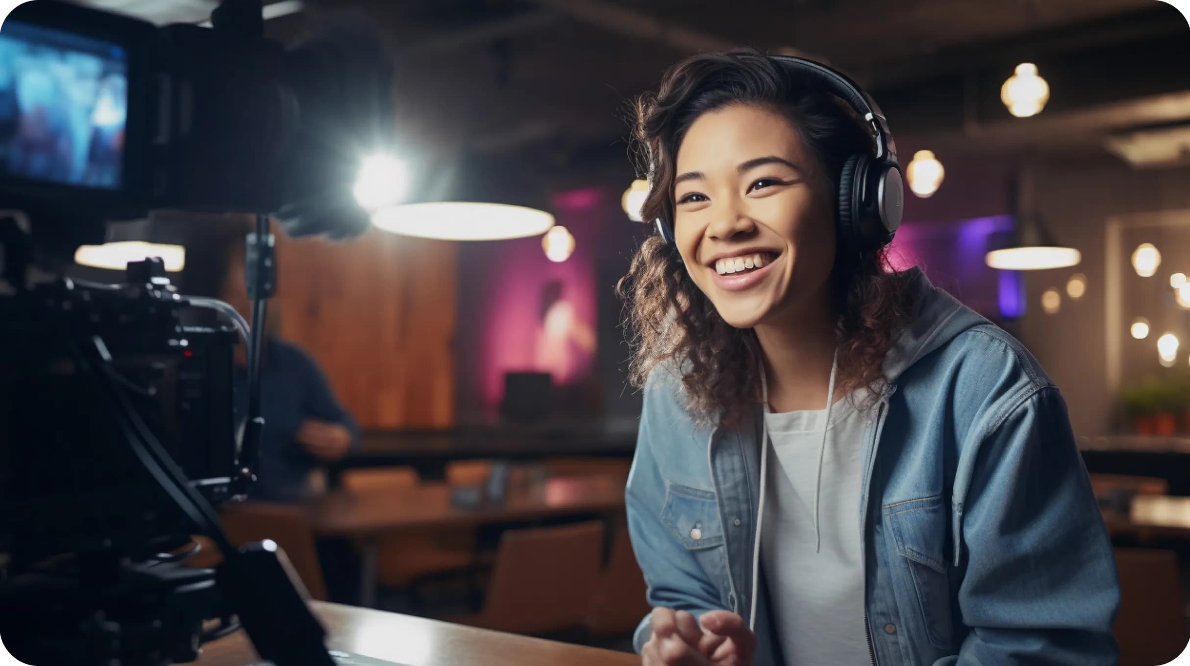 A young girl with a headphones standing in front of a camera