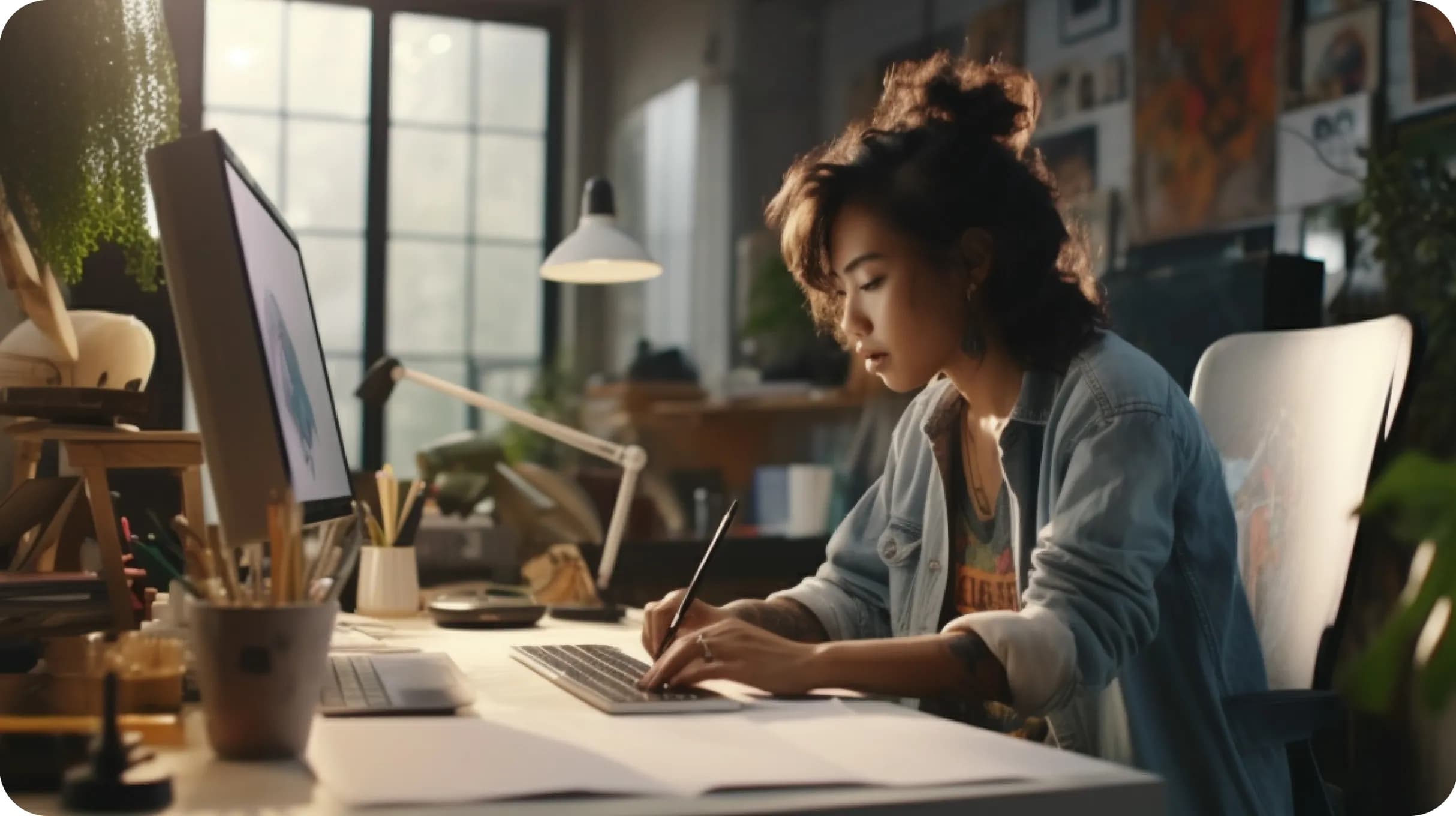 A woman sitting by a desk, writing on a computer