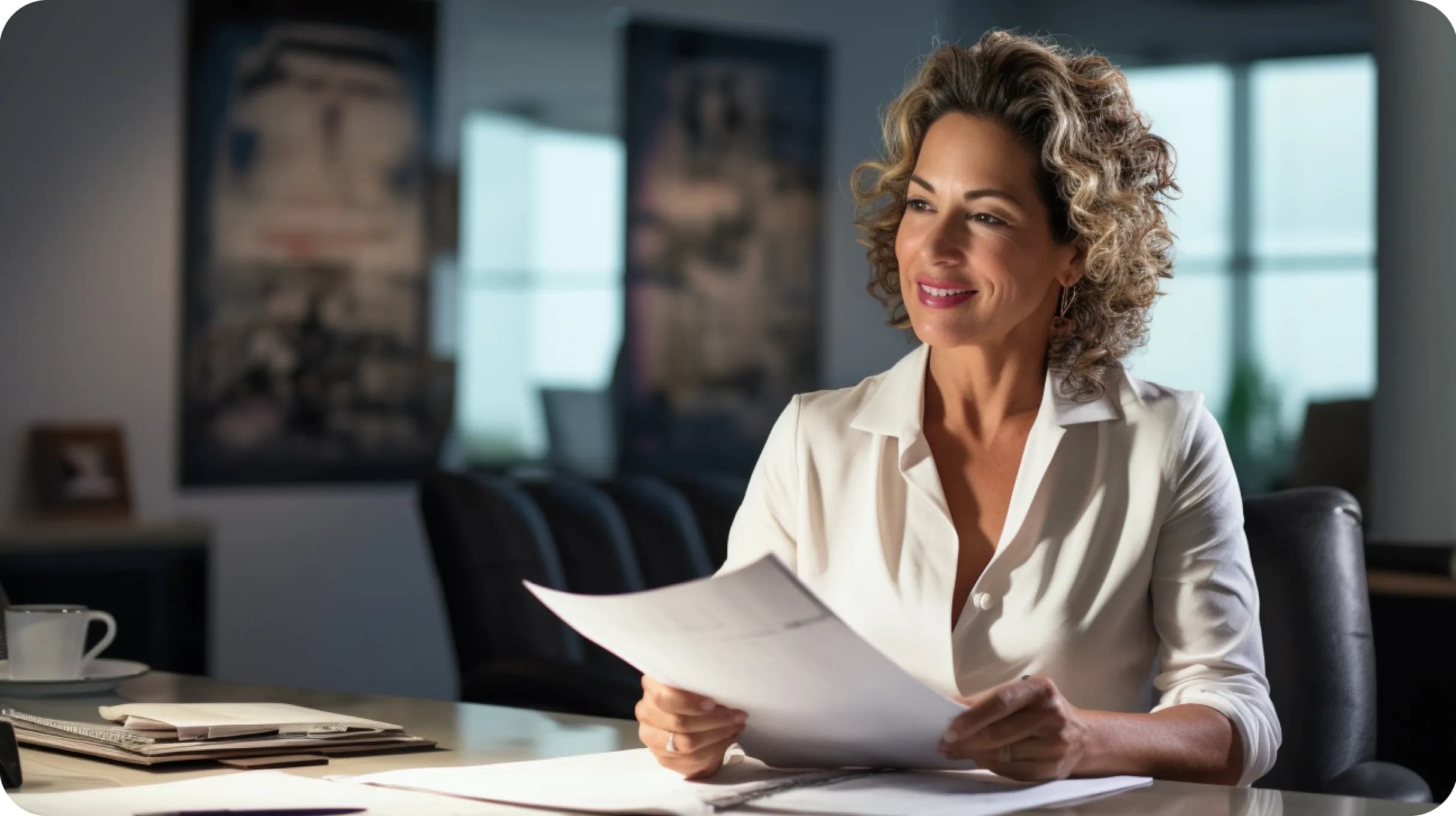 A woman sitting by a desk, holding some documents in a hands