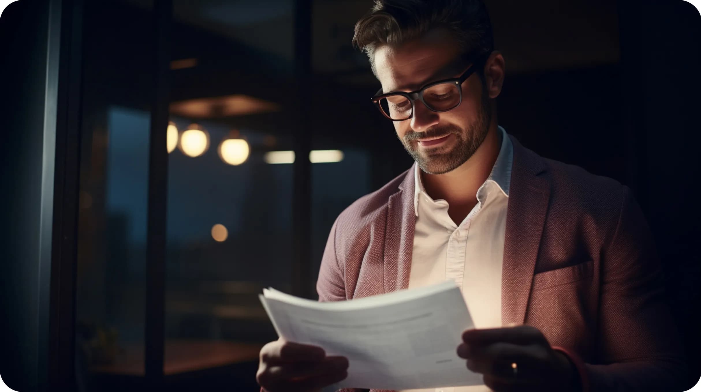 A man in a dark room, holding some documents in a hands