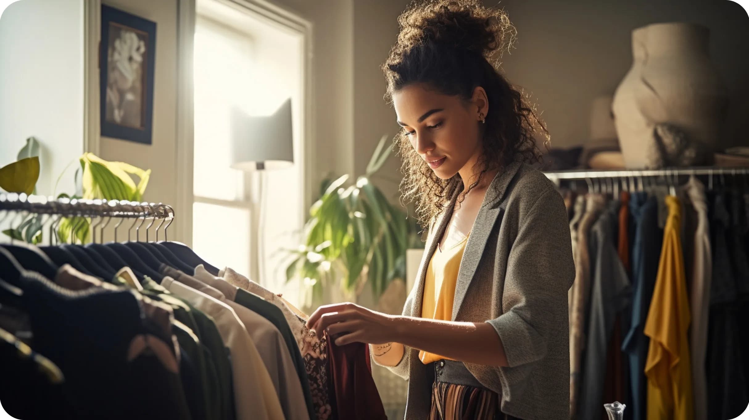 A woman looking at clothes in a house, with lots of clothes in a background