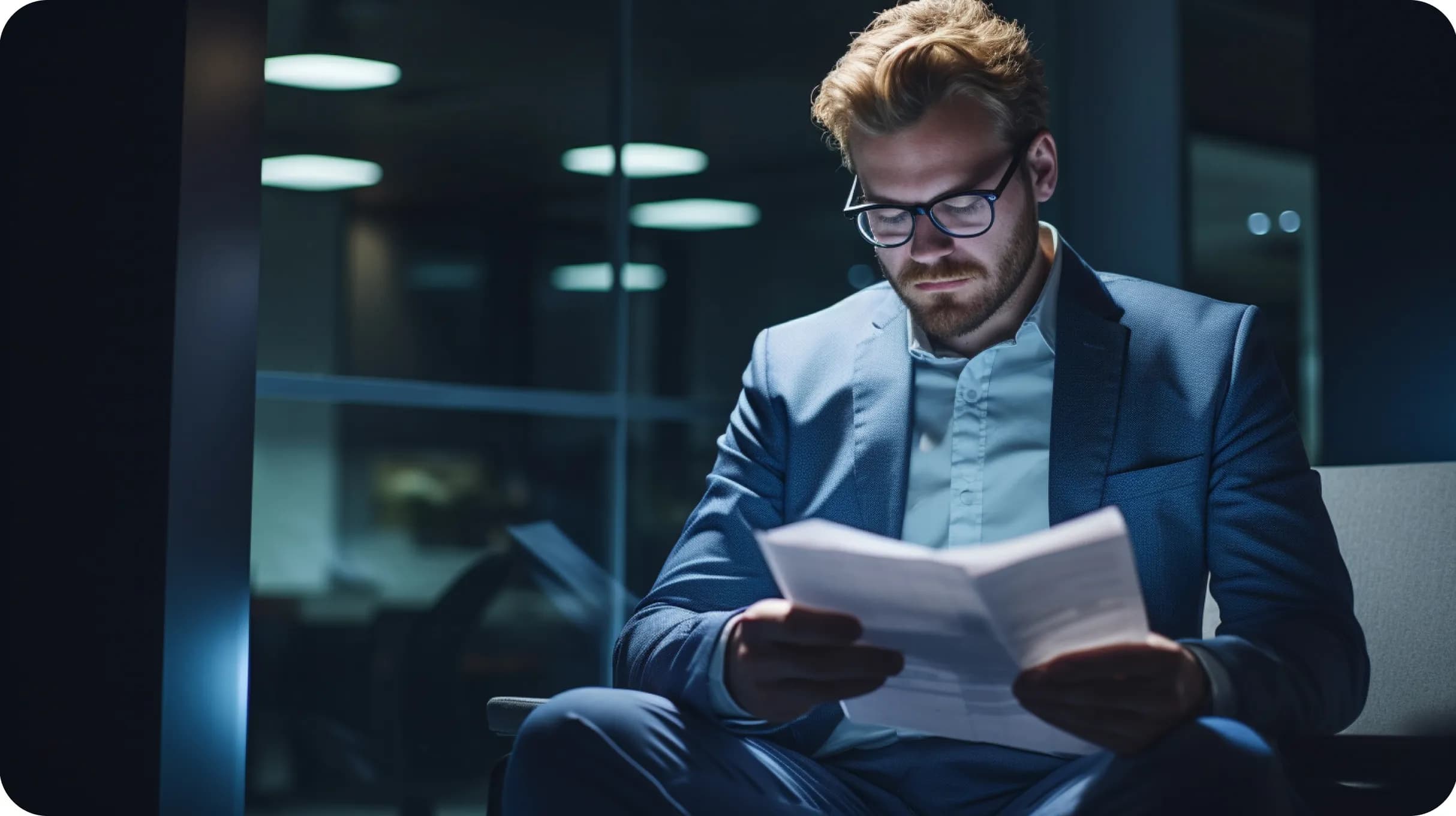 An elegant entrepreneur reading some company documents in a dark office