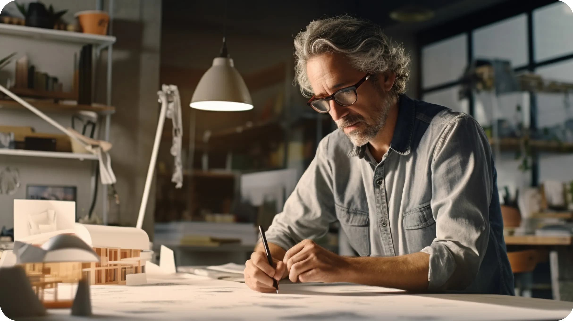 An entrepreneur sitting in a workshop byt a desk reading some documents