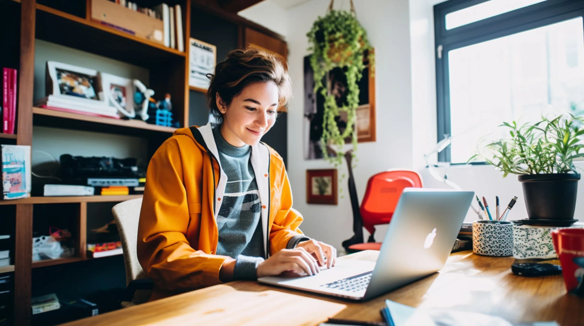 A woman working on a laptop in a home office