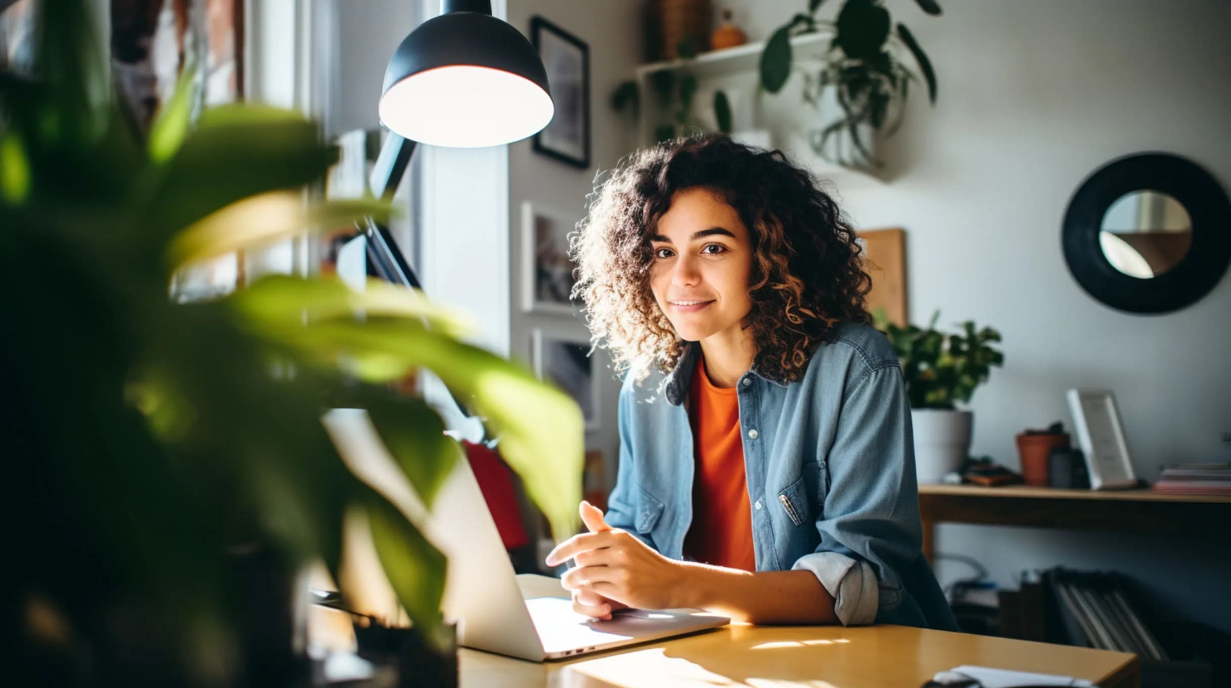 A young woman working in a home office