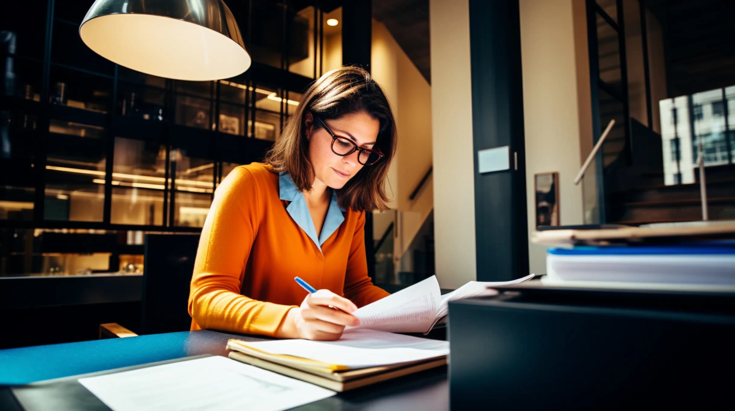 Woman reading company documents