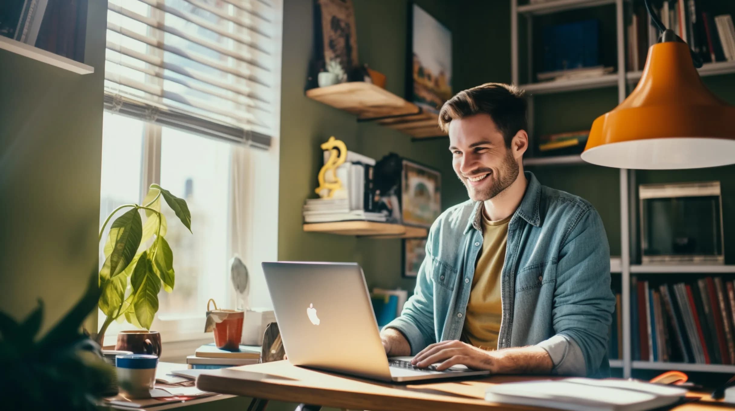 Man working on a macbook in home office