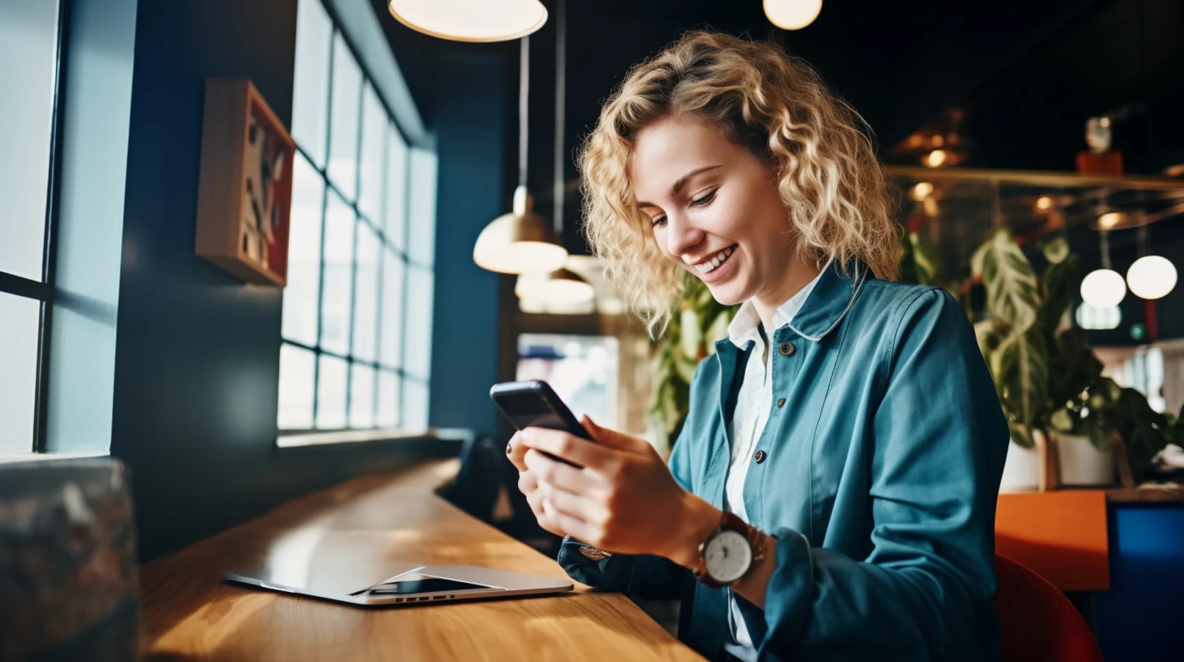 Woman sitting in a restaurant working on a phone