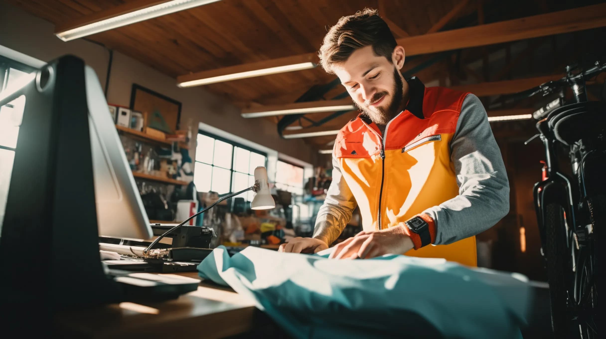Man standing in a workshop standing by a desk with tools in the background