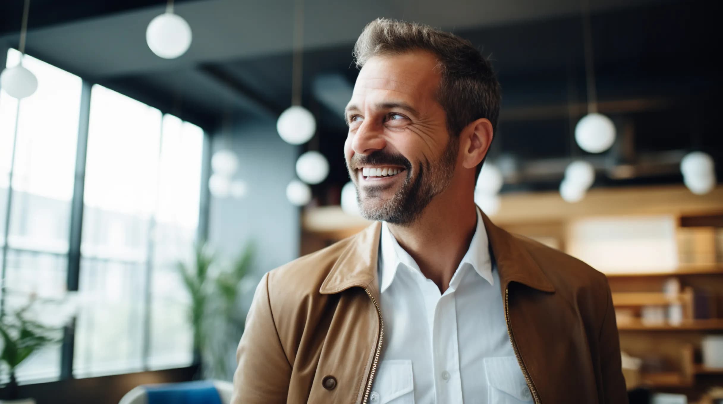  A man smiling in a well-lit office, exuding confidence and contentment.