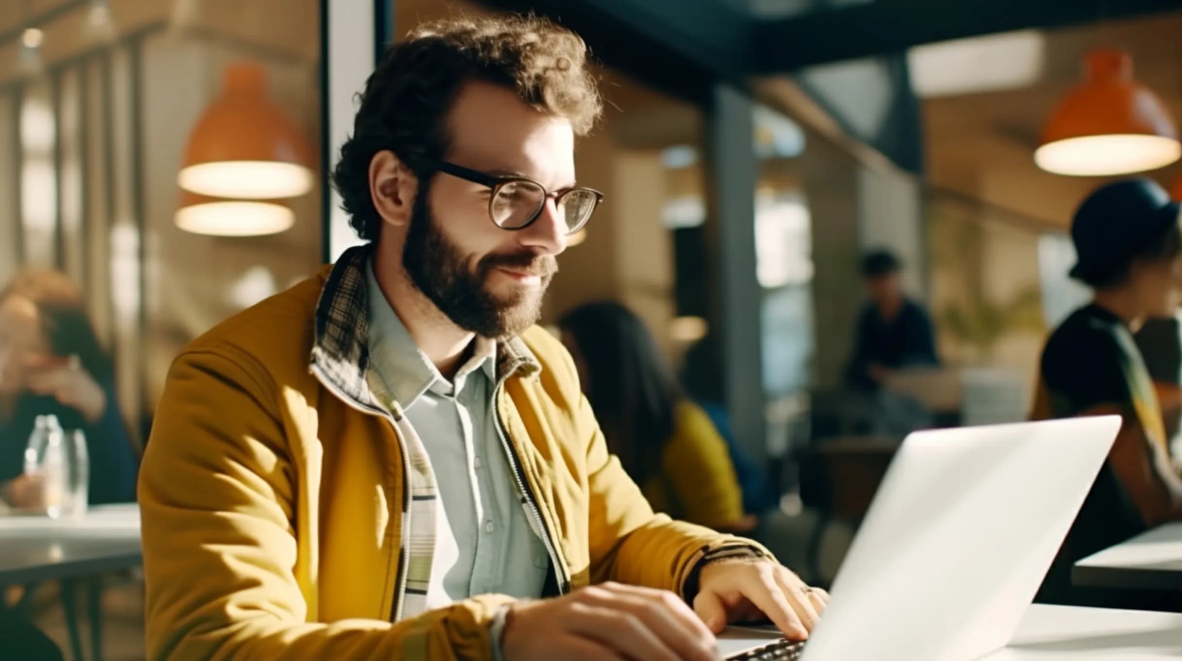  A man wearing glasses is focused on his laptop, engrossed in his work.