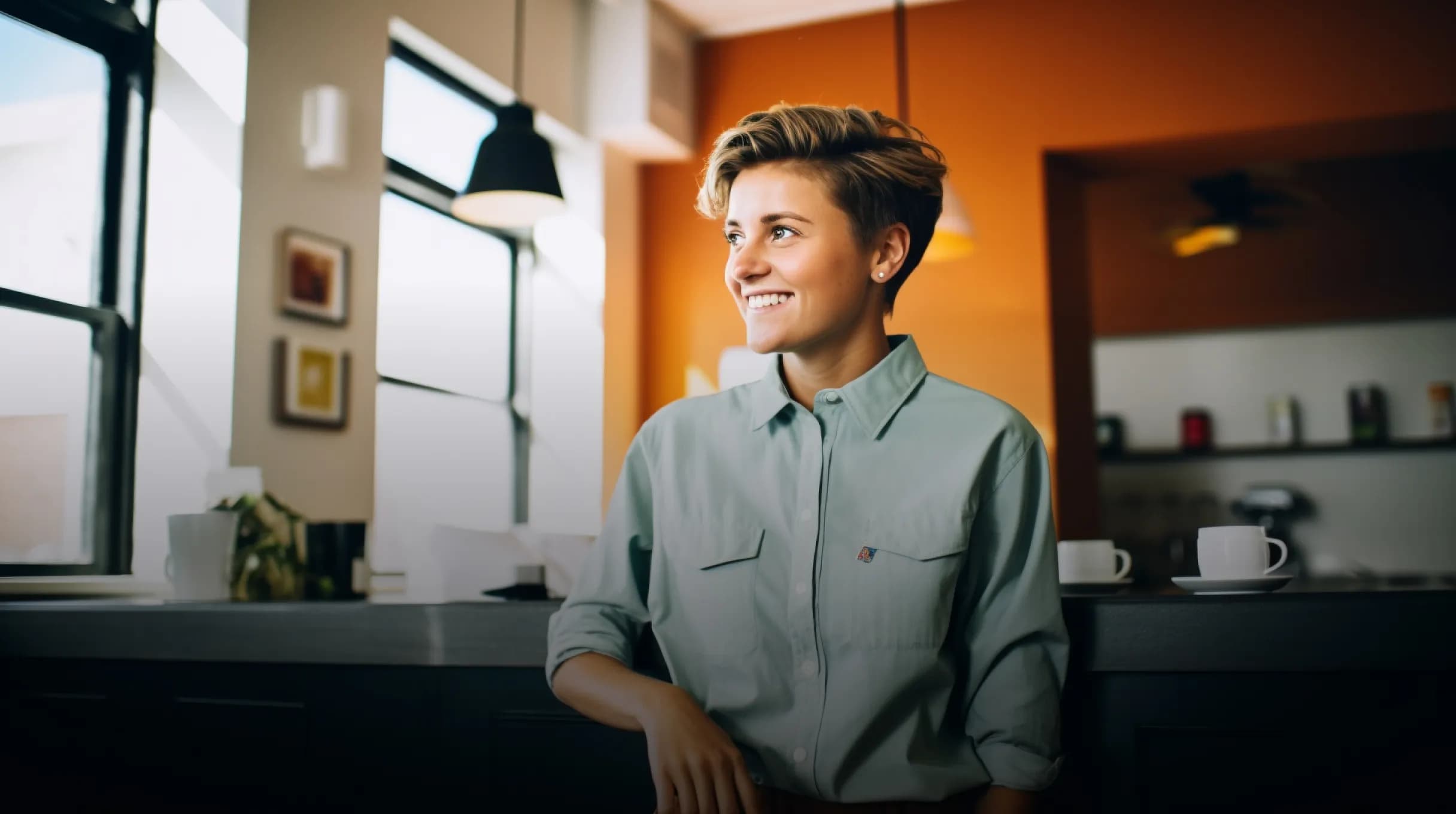 A woman with a warm smile enjoying a cup of coffee in a cozy coffee shop.