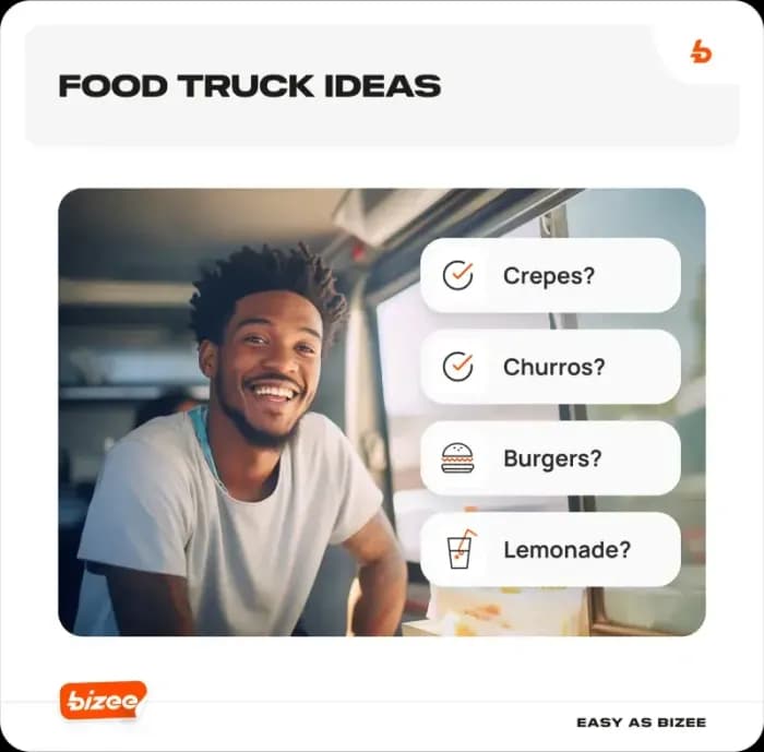 Smiling man with food truck idea options listed.