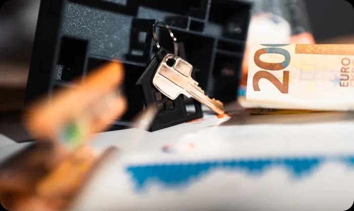 Keys with 200 euro banknot on table