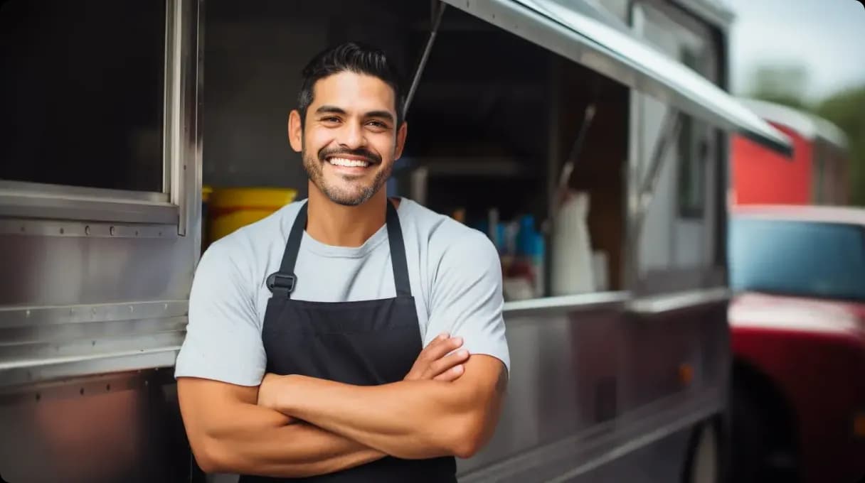 Man smiling in front of a food truck.