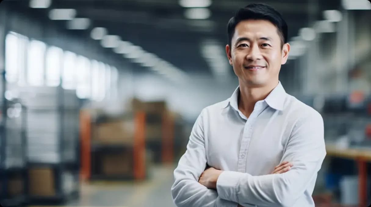 Min in shirt standing in production hall