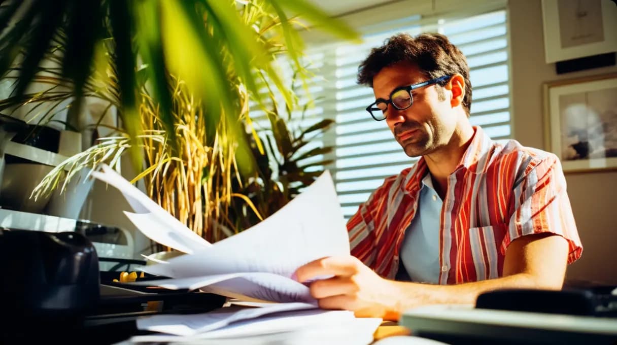 Man reviewing documents at a desk with plants nearby.