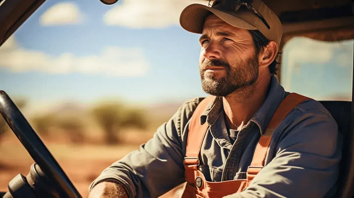 A man in workwear gazes thoughtfully from a vehicle.