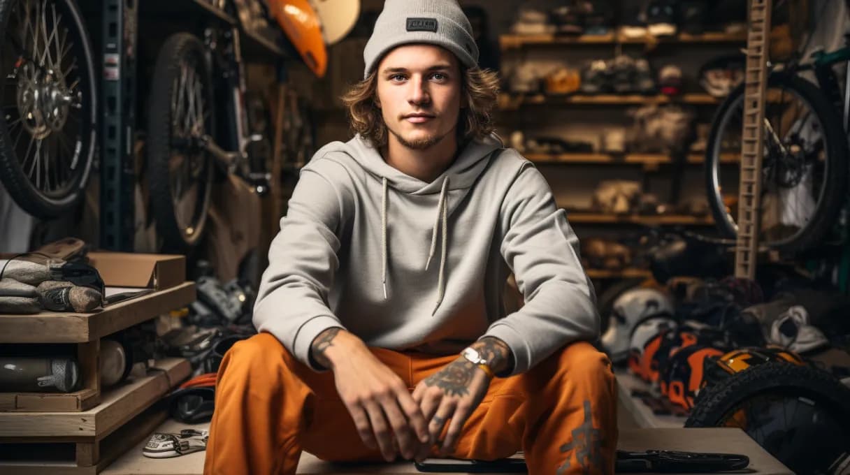A skater sitting in his garage