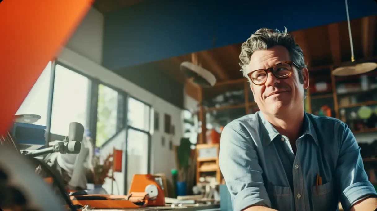 Smiling man in glasses, sitting in a creative workspace.