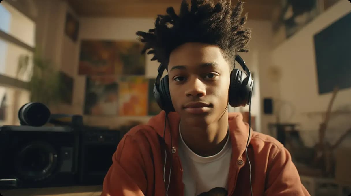 A young person wearing headphones, sitting in a creative space.