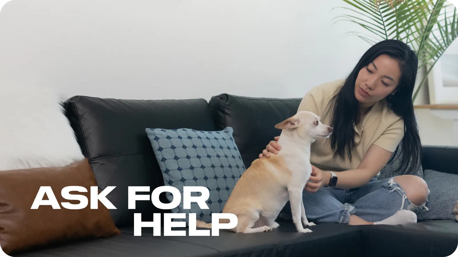 Aoxue Tang sitting on the sofa with a dog. Title: Ask for help.
