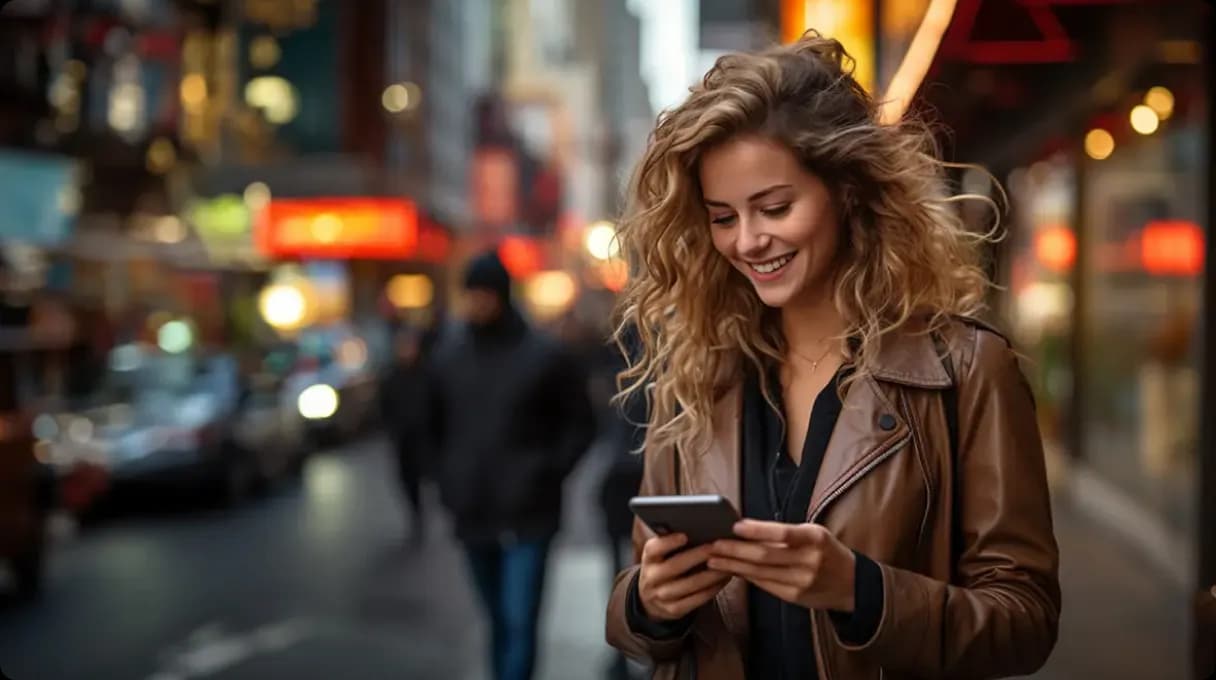 Smiling woman using smartphone on a bustling city street.