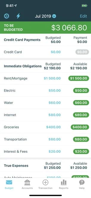 YNAB mobile application screenshot