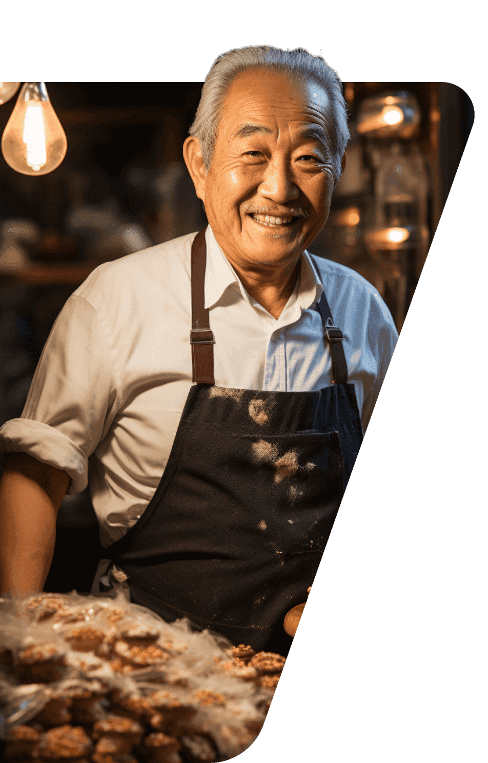 An Asian man happily holds a tray of food, radiating a warm smile.