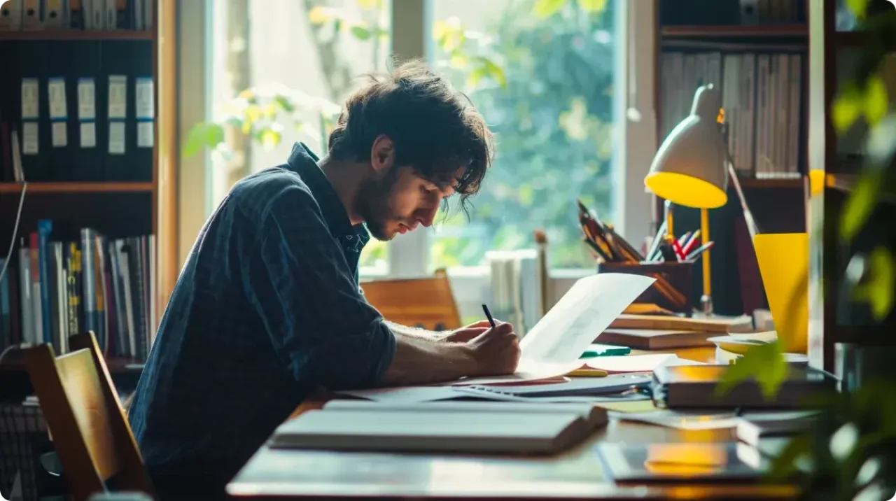 A man sitting at a desk, working on a laptop and using a pen to write.