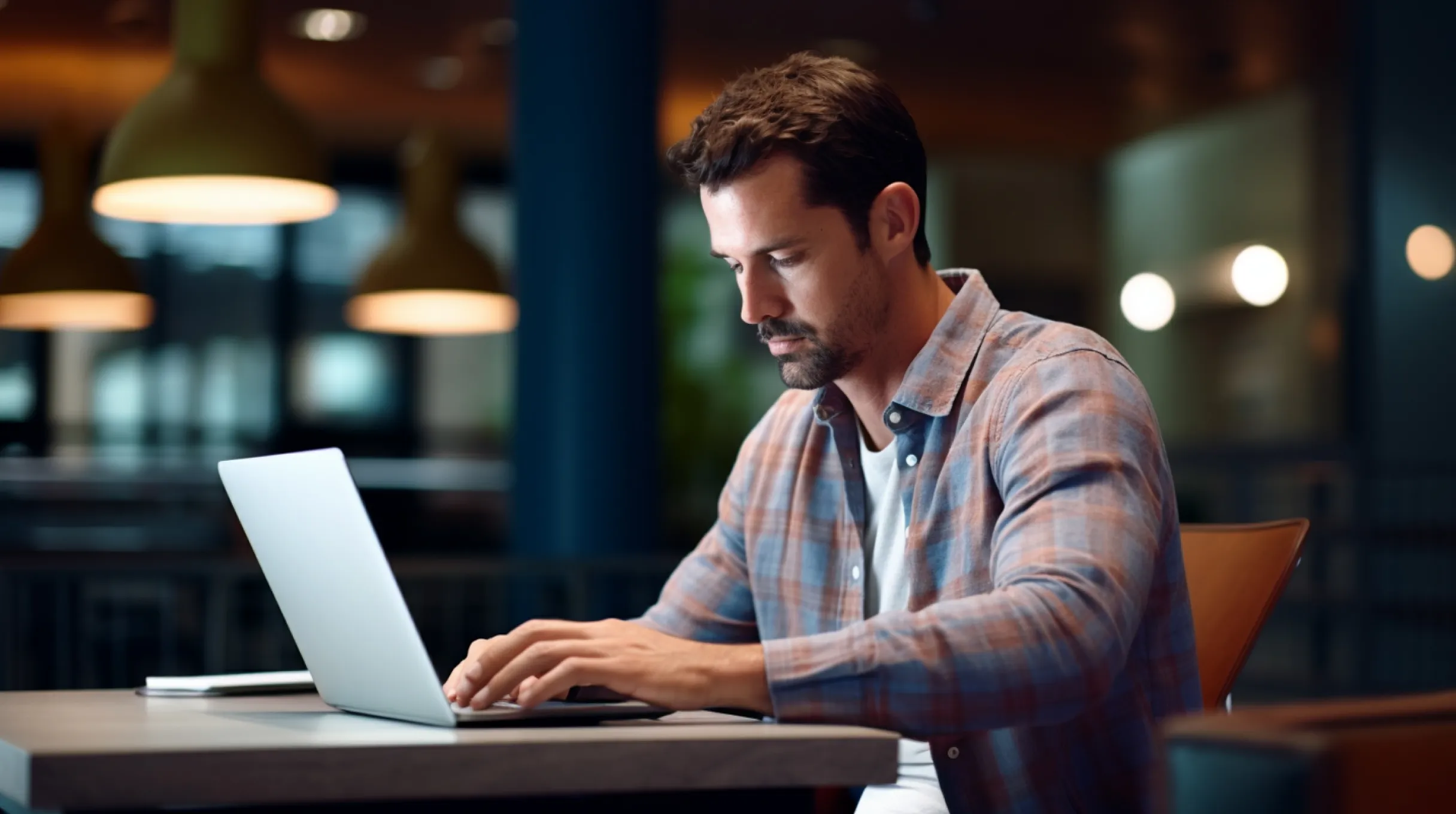  A man sitting at a table with his laptop, focused on his work.