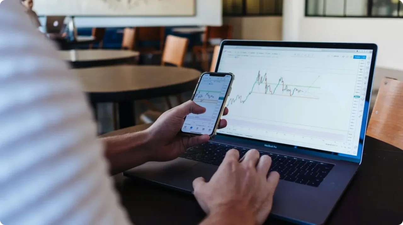 Person analyzing financial data on laptop and smartphone.