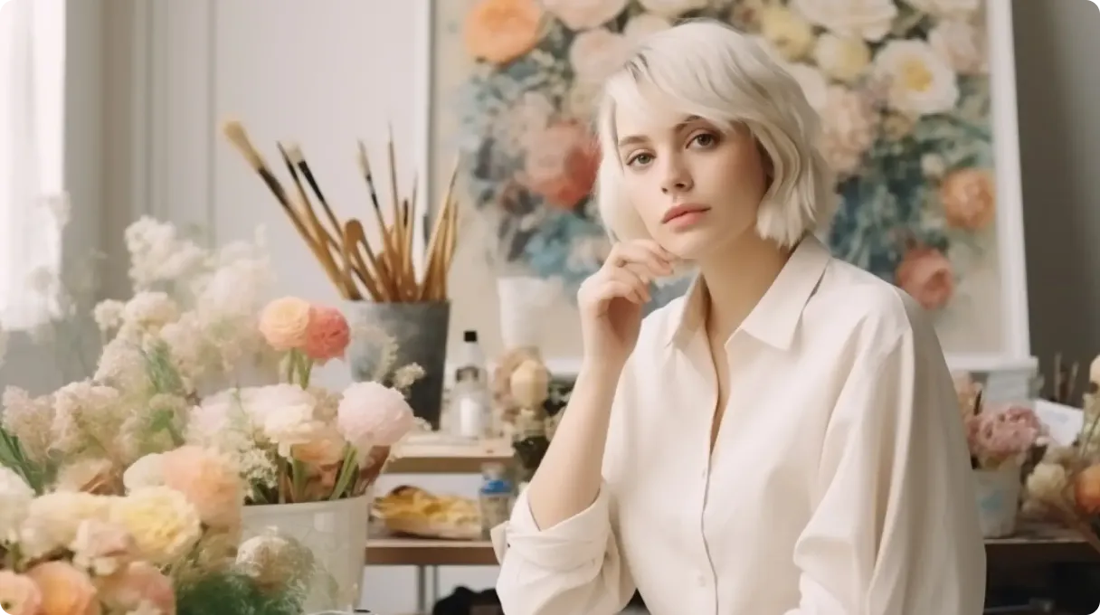 A woman poses in an artistic studio with flowers.